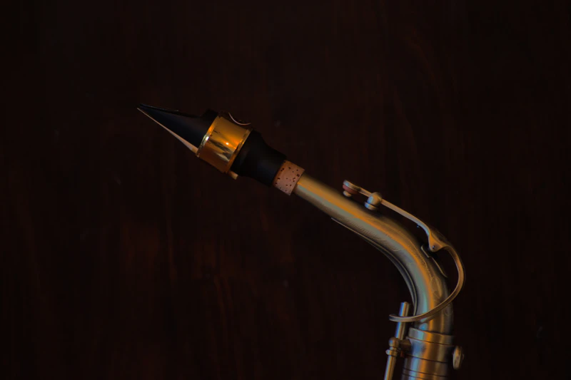A saxophone neck and mouthpiece against a dark wooden background